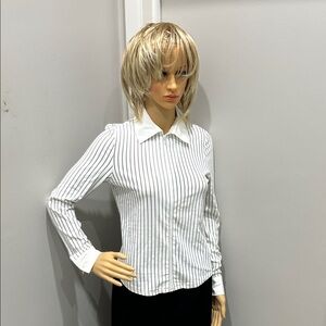 Casual Corner Stretch Black and White Striped LS Shirt with Front Zipper Closure